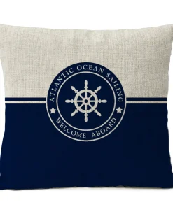 Housse de coussin marin motifs nautiques bord de mer blanc et bleu