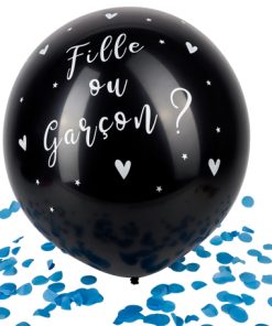BALLON GEANT NOIR FILLE OU GARCON CONFETTIS BLEUS 60 CM